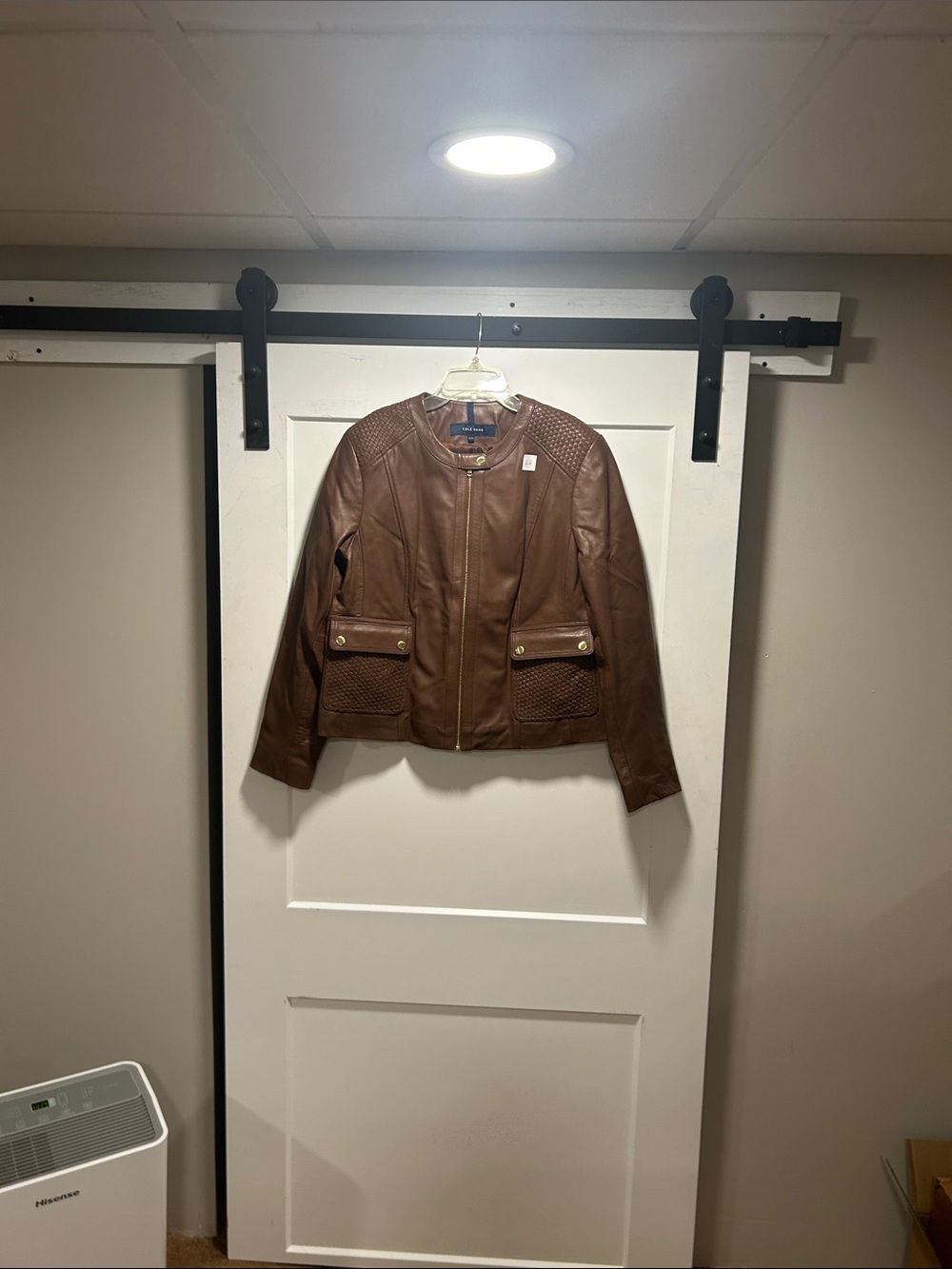 Cole Haan Brown Faux Leather Jacket with Quilted Pockets